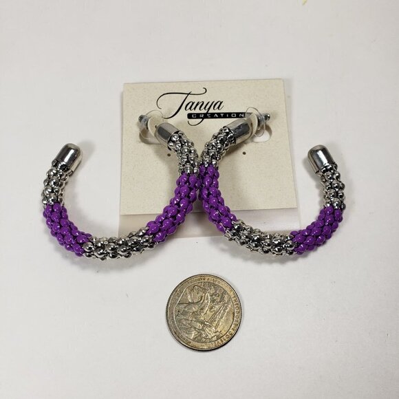 Silver tone and Purple beaded Half Hoop Teardrop Earrings - Picture 6 of 8